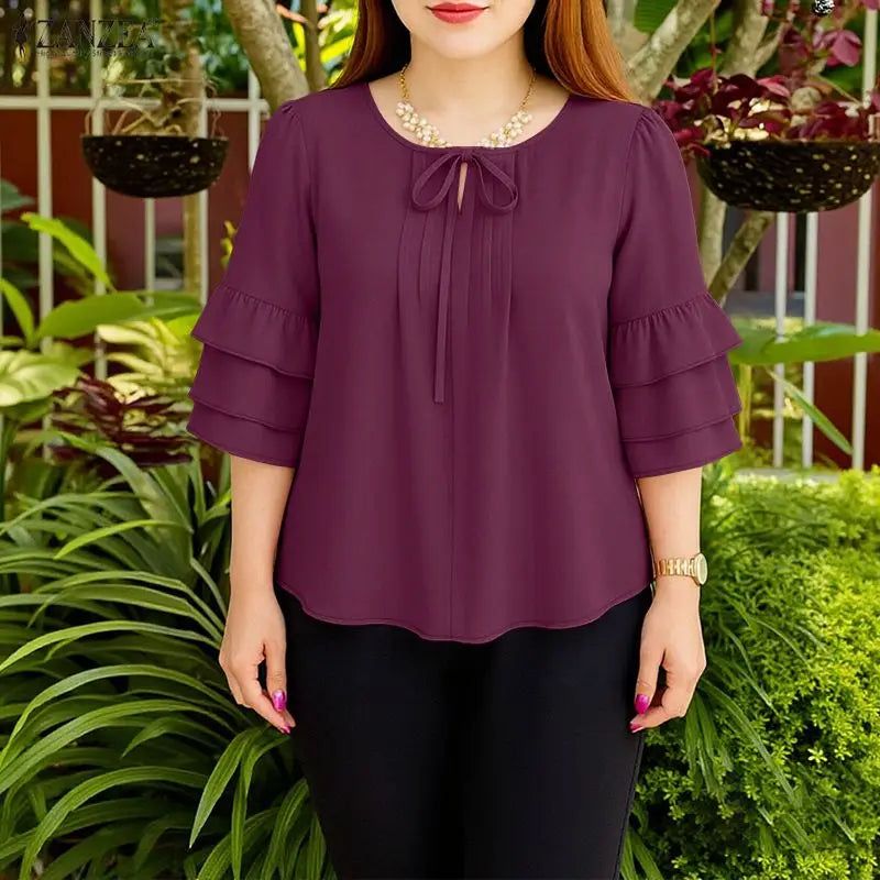 ZANZEA Women's Casual Solid Color Blouses Lace-Up O-Neck Pintuck Layered 3/4 Flared Sleeves Tops Spring Elegant Blusas de Mujer