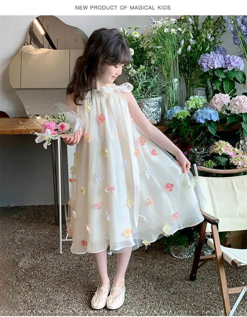 Girls Sleeveless Princess Dresses Baby Print Mesh Sweet Dresses Kids Party Evening Tutu Gown Ball Childrens Clothes 4-12 Years