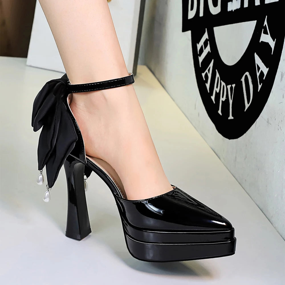 BIGTREE Shoes Platform Pumps Women Shoes Chunky Heel Pointed High Heels 11.5 cm Patent Leather Ladies Shoes Bowknot Party Shoes