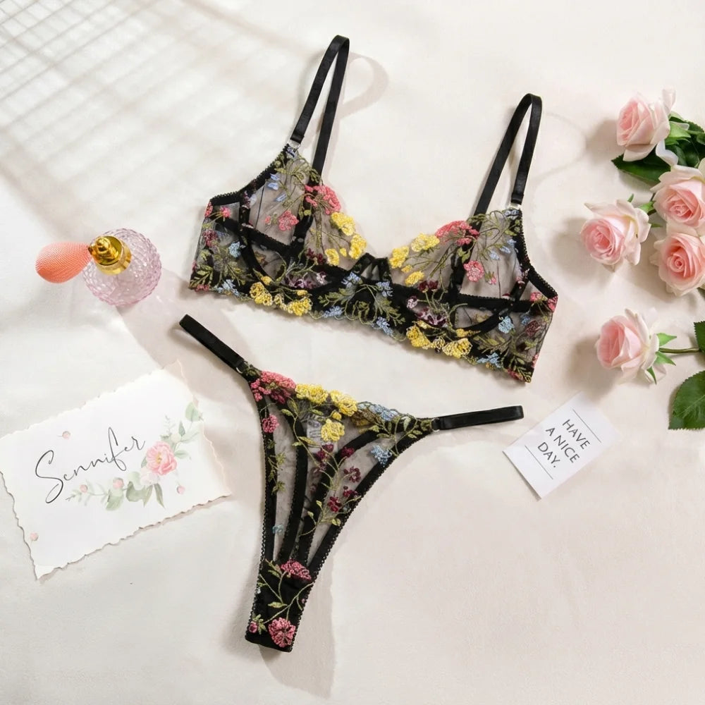 2-Piece Fashion Floral Lingerie Set Embroidery Sheer Underwear Intimates Underwire Push-up Versatile Bra Panty Set For Lady Girl