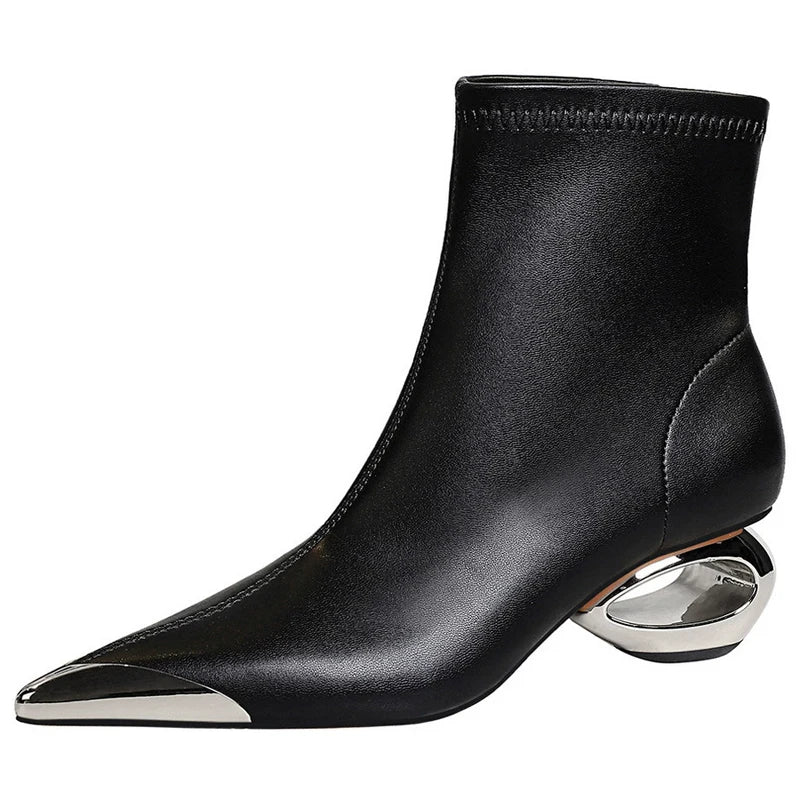 BIGTREE Shoes Metal Pointed Tip Women Boots Hollow Out Heels Women Ankle Boots Female Suede Short Boots Mid Heel Shoes Fashion