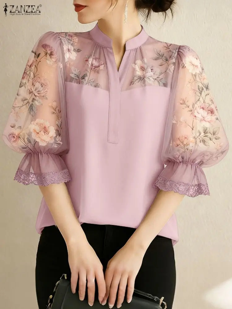 ZANZEA Elegant Women Blouses Floral Printed Chiffon Patchwork Tops Fashion V-Neck 3/4 Puff Sleeve Lace Trim Woman Clothes S-3XL