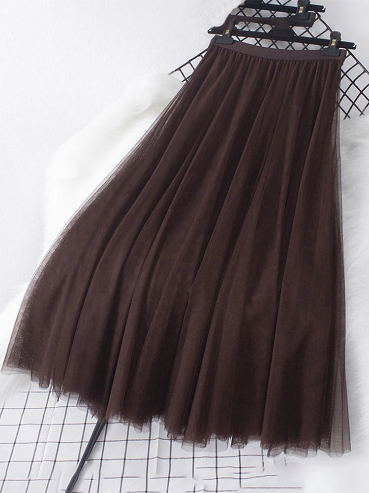 New Big Hem Long Tulle Skirt Women Korean Casual Simple Solid 3 Layers A Line High Waist Maxi Skirt Female Lady Purple