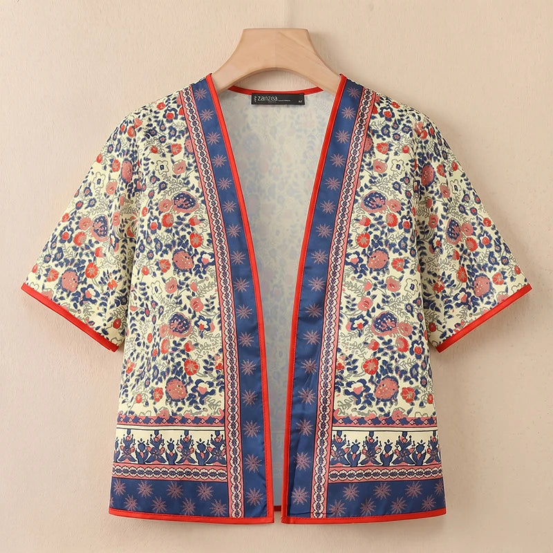 ZANZEA 2026 Summer Paisley Print Short Cardigans Women Open-Front Short Sleeve Shirts Vacation Casual Beach Cover-Up Tops