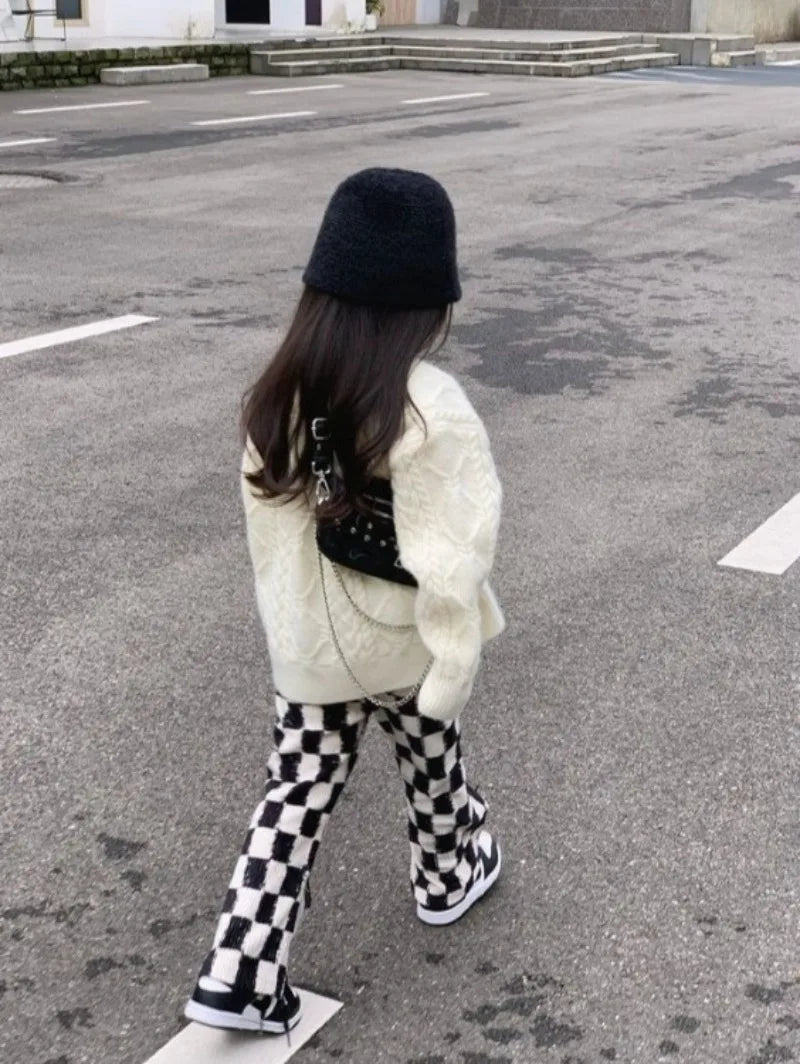New Girls' Spring Fall Lined Checkered Flared Pants Thickened Thermal Playwear for Kids
