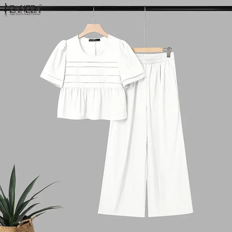 ZANZEA Summer Women Pant Sets Two Piece Sets Short Sleeve Pleated Tops Wide Leg Pants Casual Solid Loose Two-piece Outfits 2PCS