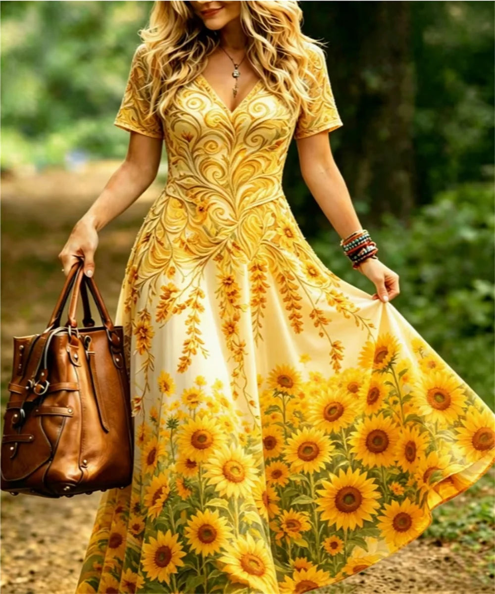 Ladies' Summer New Elegant Bell shaped Orchid Printed Women's Casual Dress, Comfortable Retro Dress with V-neck Short Sleeve