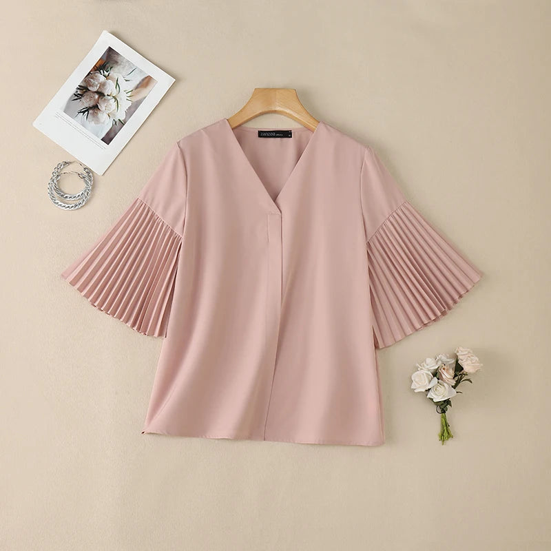 ZANZEA Women's Elegant Blouses Pleated Bell Sleeve V-Neck Loose Pullover Tops Summer Daily Casual Solid Color Blusas de Mujer