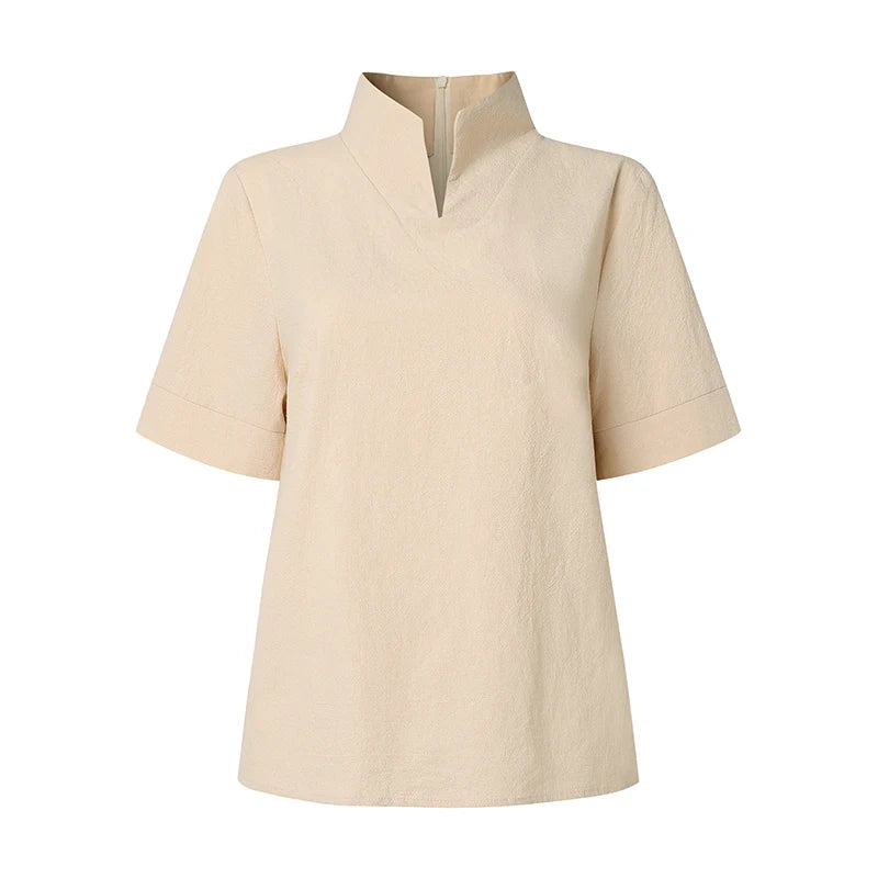 ZANZEA Fashion Cotton Linen Blouses Woman Stand Collar Back Zipper Short Sleeve Solid Tops Summer Minimalist Thin Blusas Mujer