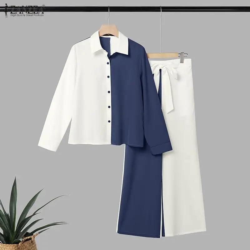 ZANZEA Fashion Women Matching Sets Autumn Chic Color-Blocking Office Outfits Long Sleeve Shirt Belted Wide Leg Pant Sets 2 Piece