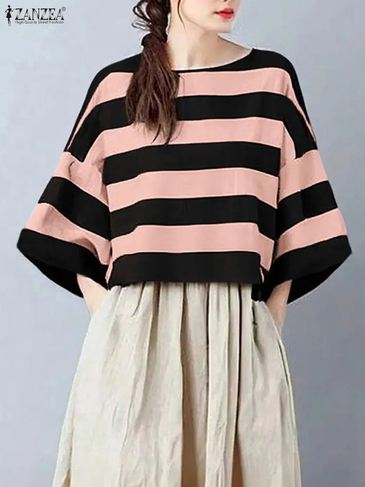 ZANZEA Oversize Contrast-Color Striped Blouses Women Casual Boatneck Drop-Shoulder 3/4 Sleeve Loose Tops Woman Clothes S-3XL
