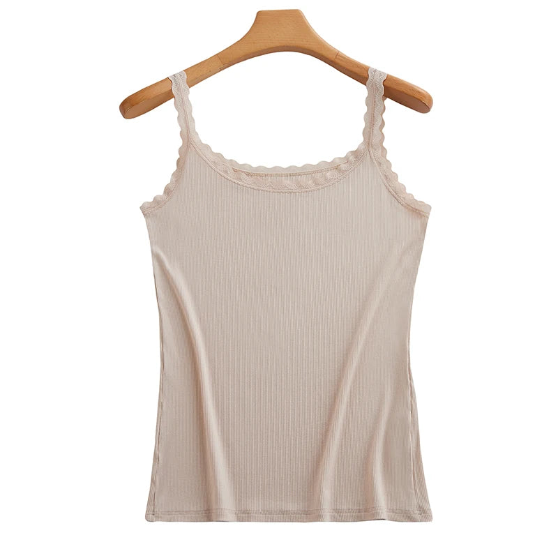 Summer Knitted Ribbed Camisole for Women with Lace Trim, Slim Fit, Suitable for Outerwear or as a Base Layer
