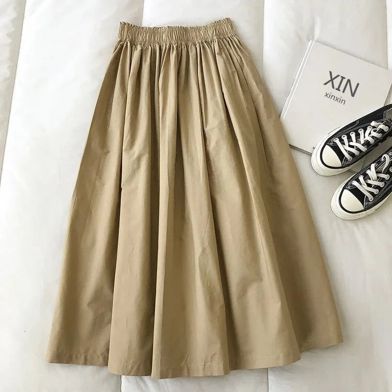 Women's White High Waist Long Skirt A-Line Knee-Length Casual Elegant with Pockets Pleated Fashion for Autumn