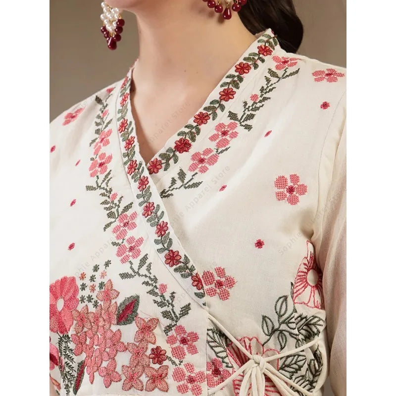 White Cotton Anarkali Kurti Set with Pant Dupatta Floral Embroidered Indian Ethnic Wear Elegant Summer Suit for Women