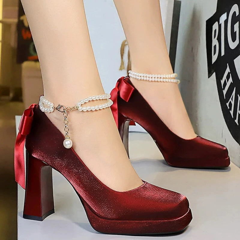 BIGTREE Shoes Pearl Chain Design Women Pumps Bowknot Silks Satins Platform High Heels Square Head Thick Heeled Shoes Women Heels