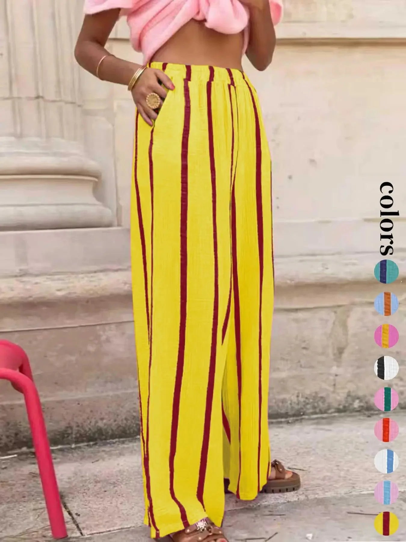 Women's Vertical Stripe Wide-leg Pants, Elastic Waist Pleated Casual Trousers, Resort Style Loose Slimming Floor-length