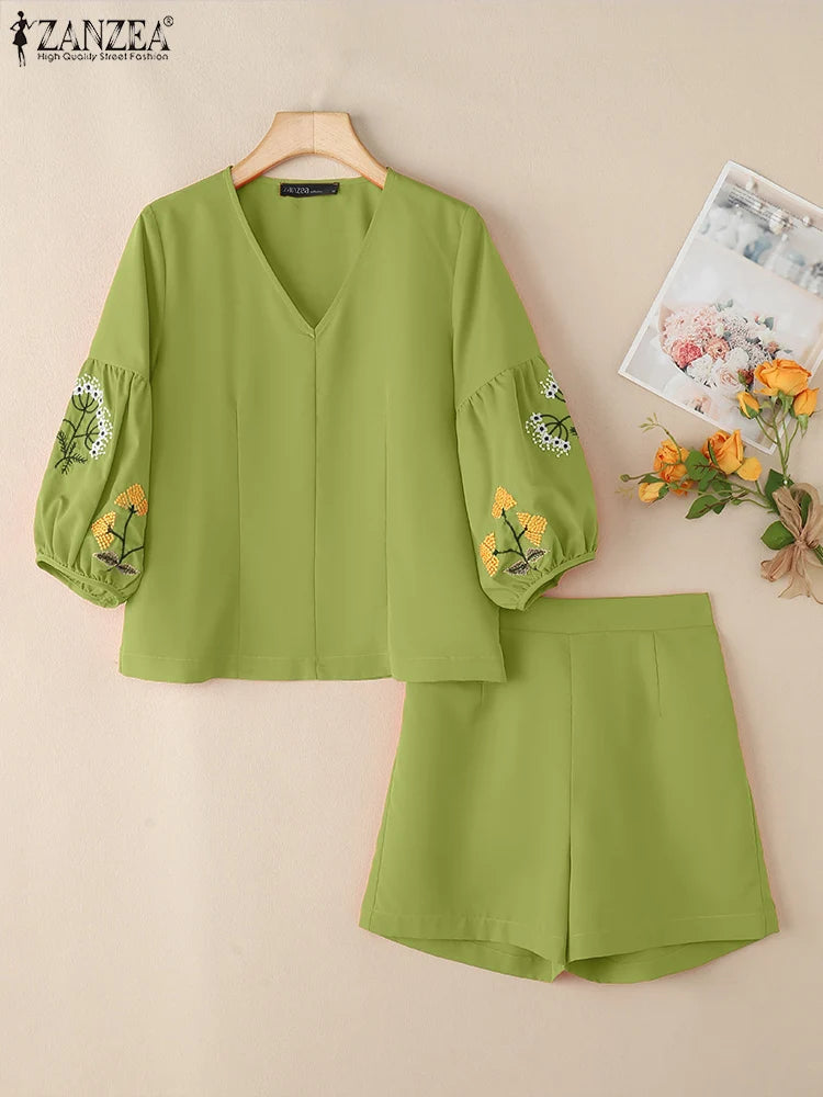 ZANZEA Summer Elegant V Neck 3/4 Sleeve Blouse Short Sets 2PCS Women Outfits Casual Holiday Matching Sets Fashion Work Tracksuit
