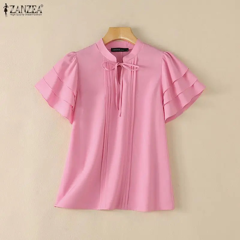ZANZEA 2026 Woman Elegant Blouses Tie Neck Layered Ruffles Sleeves Pintuck Solid Tops Summer Casual Daily Wear Blusas Mujer 3XL