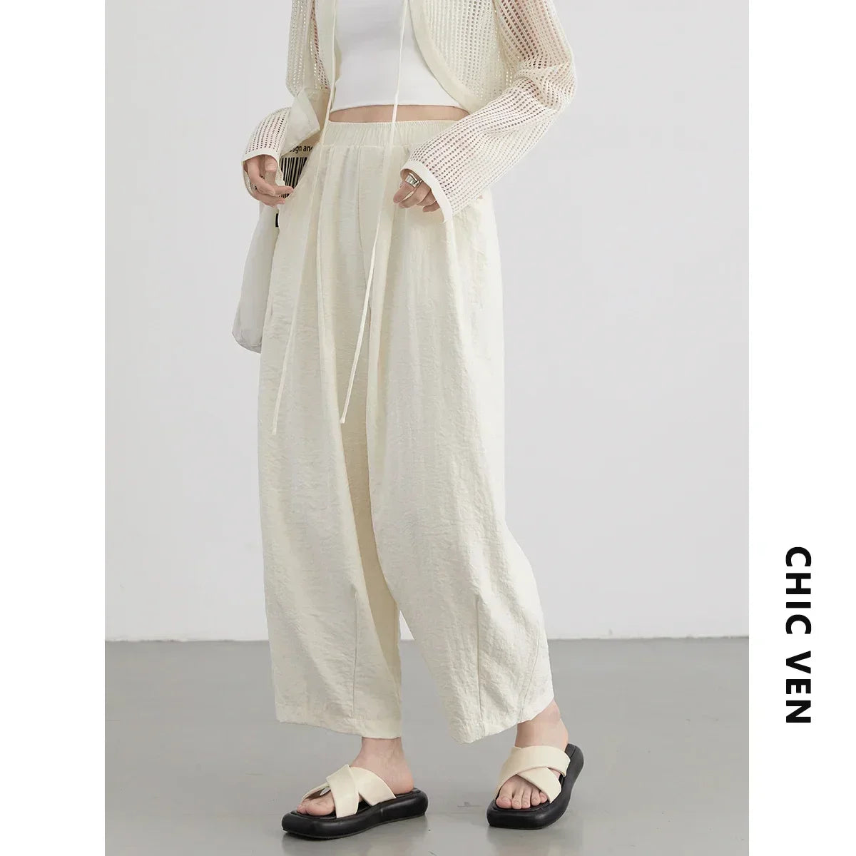 CHIC VEN Women White Pants Solid Casual Elastic Waist High Waisted Pleated Wide Leg Female Trousers Fold Summer 2025 Clothing
