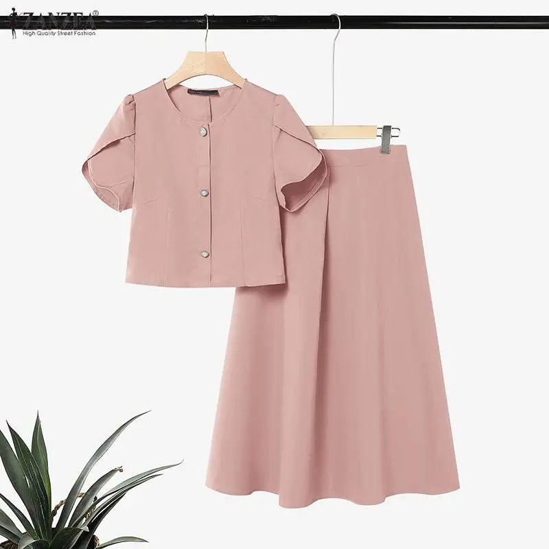 ZANZEA Women Elegant 2pcs Matching Skirt Sets O-Neck Petal Sleeves Tops & A-Line Midi Skirts 2 Piece Sets ZANZEA Dates Outfits