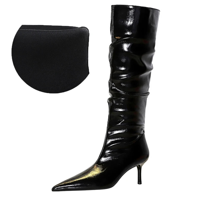Autumn Winter Shoes Knee-high Boots Women Patent Leather Ladies' Boots Stiletto Heels 5.5 cm Women Wrinkled Tube Long Boots New