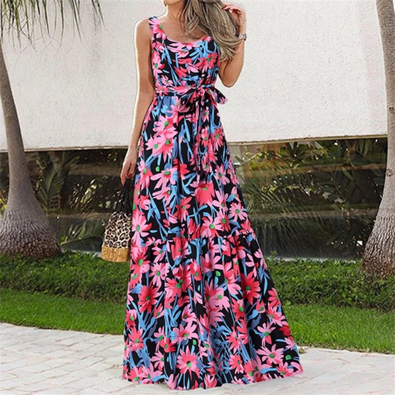Summer Sweet Style Print Sleeveless Dresses Women High Waist Lace-up O Neck Pullover Dress Casual Female Frock Pleated Hem Gown