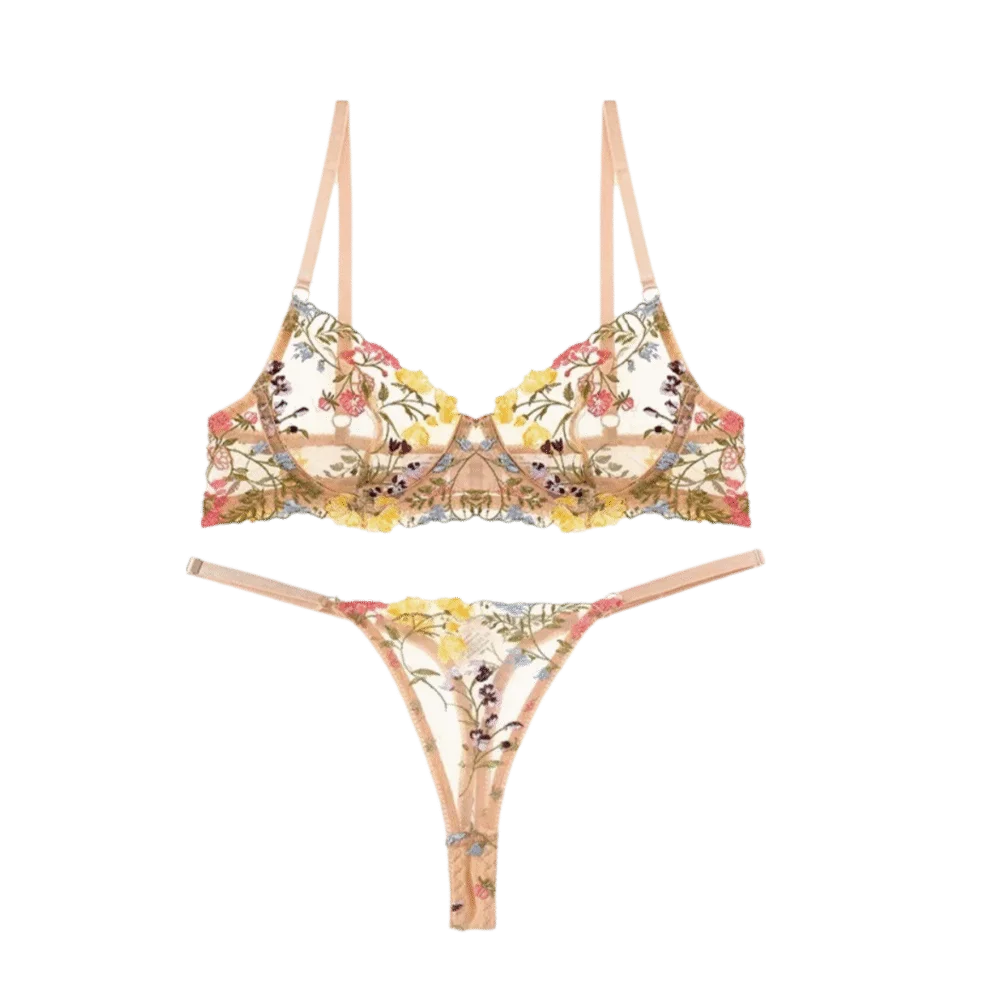 Bohemia Transparent Lingerie Set Push Up Elegant Embroidery Floral Underwear Ultra-thin Bra Suit Girl