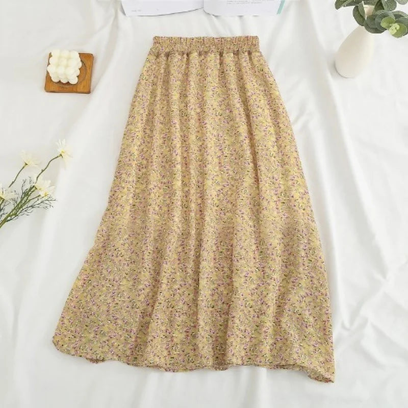 Summer Skirts Womens Vintage Floral Printed Chiffon Skirts Elastic High Waist Casual Midi A-Line Beach Skirts
