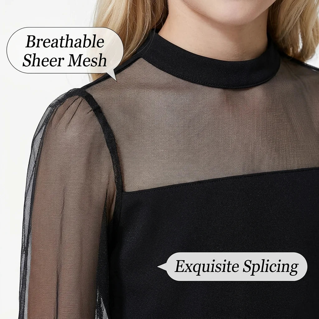 Summer 7-14 Years Girl's Black Sheer Mesh Spliced Mock Neck Long Sleeve Bodycon Dress for Party Daily Formal Casual Kids Elegant