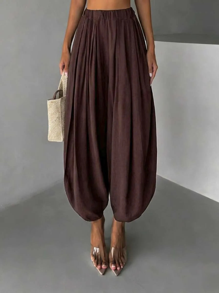 Summer Women's Clothing Loose Fit Harem Pants Retro Wide Leg Trousers With Elastic Waist Vintage Polyester Ice Silk Long Pants