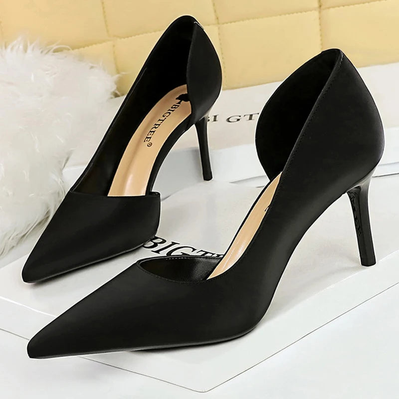 BIGTREE Shoes Women Pumps Satin Pointed High Heels Stilettos 7 Cm Sexy Party Shoes Fashion Ladies Shoes Woman Heels Plus Size 43