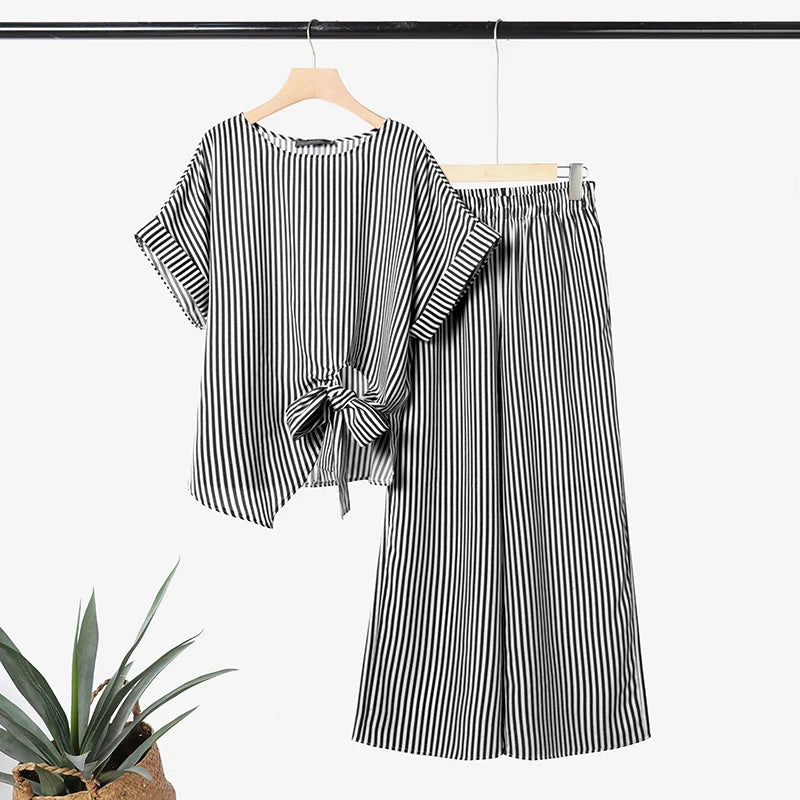 ZANZEA Summer 2PCS O Neck Short Sleeve Blouse Wide Leg Pant Sets Striped Work Tracksuit Fashion Women Outfits 2 Pieces Sets 2026