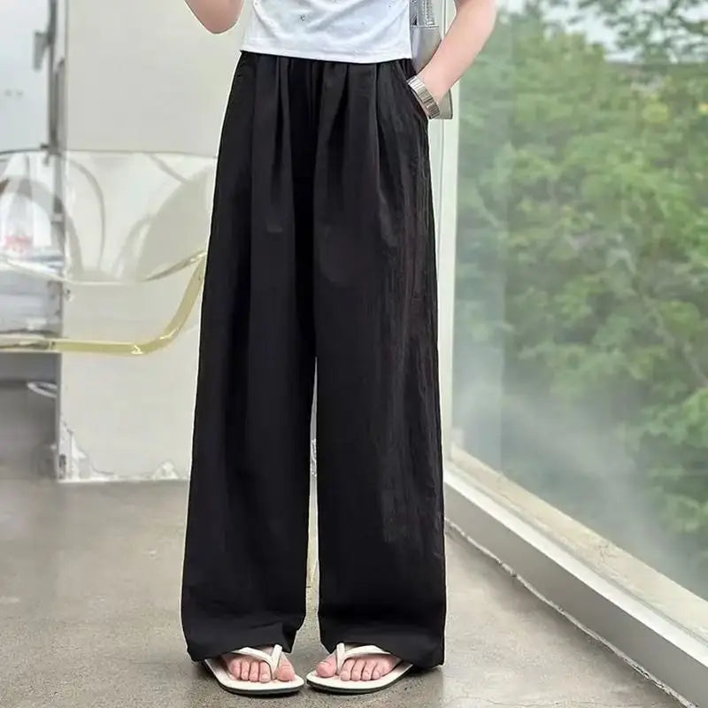 Kids' Korean Streetwear Ice Silk Wide Leg Straight Trousers Lightweight Athleisure Pants for Girls Trendy Casual Sporty Design