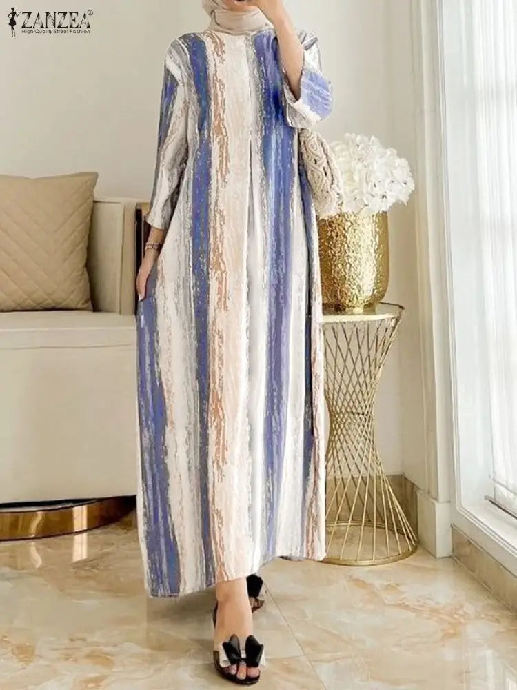 ZANZEA Fashion Casual O Neck Long Sleeve Printed Dress Muslim Dresses Abaya Women Summer Sundress Robe Femme Loose Vestidos