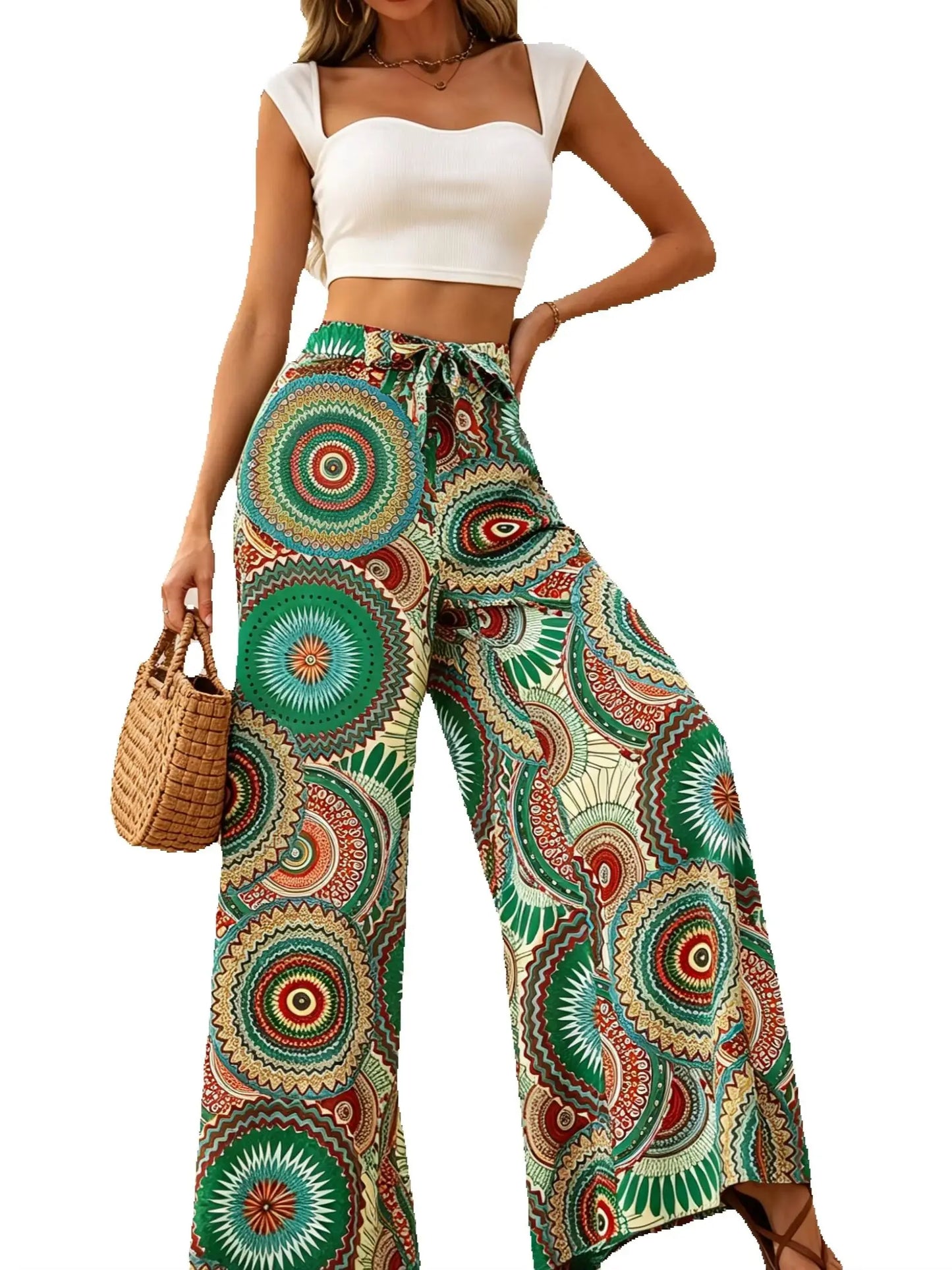 Women's Bohemian Style Printed Wide Leg Pants Casual Vacation Comfortable Elastic Waist Long Strapped Trousers