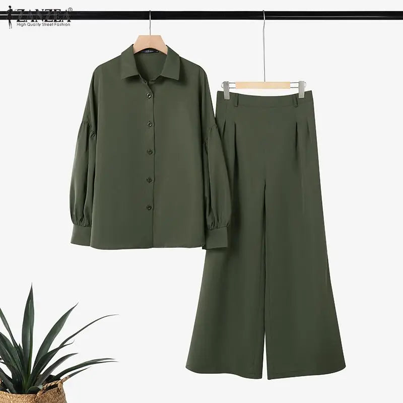 ZANZEA Women's Elegant Chic Pant Suits Lantern Sleeve Shirt & Wide Leg Pant 2 Pieces Sets Oversized Pant Sets Outfits Streetwear