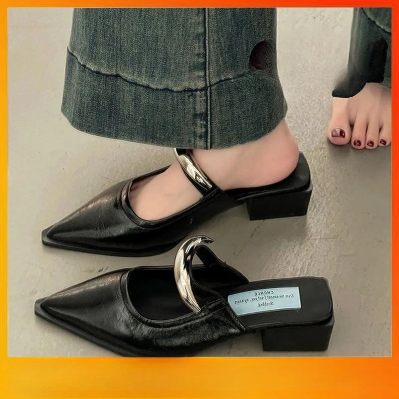 2026 New Women Cover Toe Mules Slippers Fashion Metal Decoration Thick Heel Slide Shoes Comfort Street Style Footwear