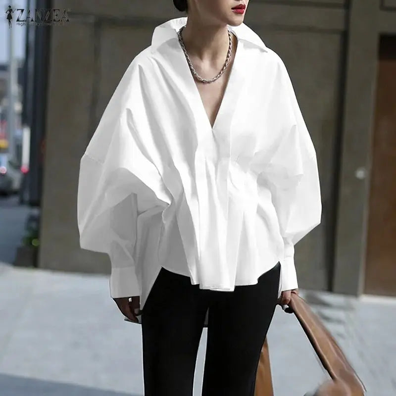 ZANZEA Women's Stylish Chic Oversized Blue Blouses Turn-Down V-Neck Lantern Sleeves High-Low Hem Tops Minimalist Solid Blouse