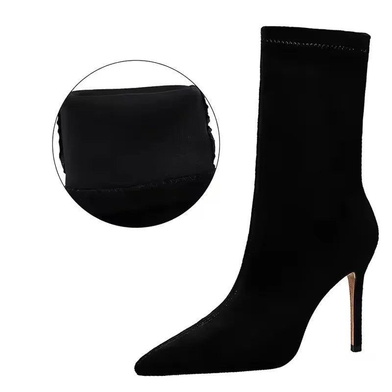 BIGTREE Shoes Women Sexy Mid-Calf Boots Stretch Socks Boots Suede Tip High Heels Autumn Winter Boots Black Women Boots Size 43