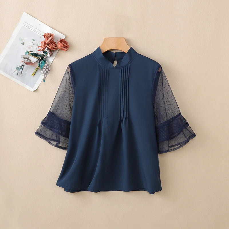 ZANZEA Woman Casual Blouses Pintuck Stand Collar Swiss Dots Patchwork 3/4 Sleeve Tops 2026 Summer Elegant Chic Blusas de Mujer
