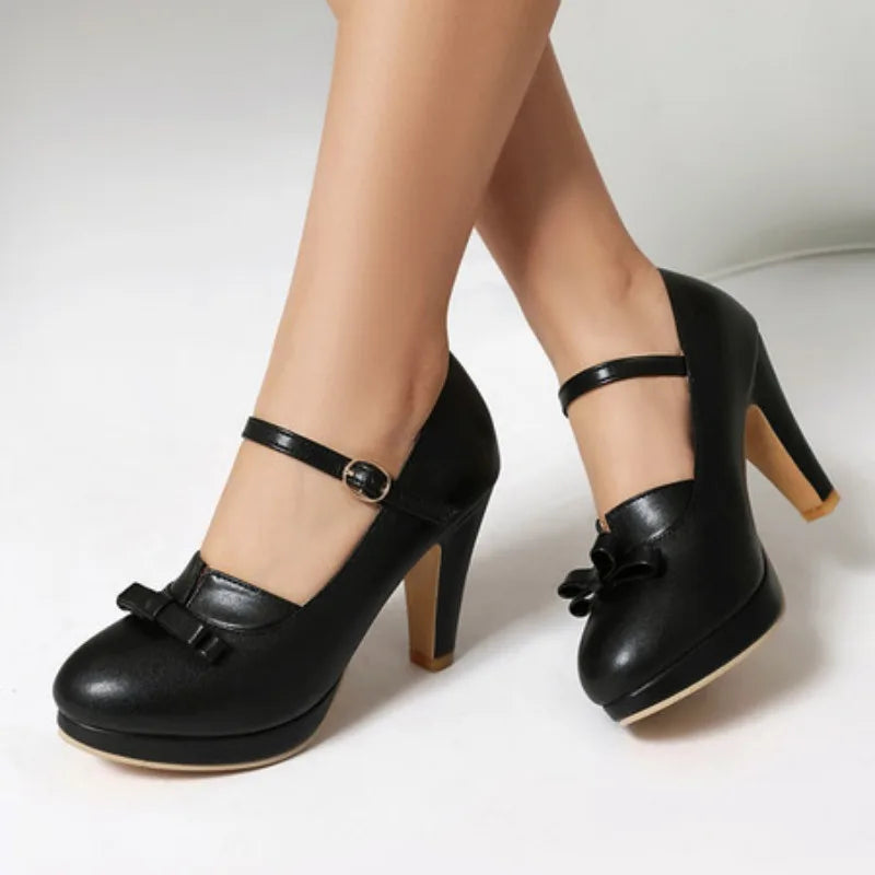 Sweet Women's High Heels Pumps Big Size 48 Lolita Mary Janes Shoes Blue Black Red Pink Heeled Office Wedding Shoes for Girls