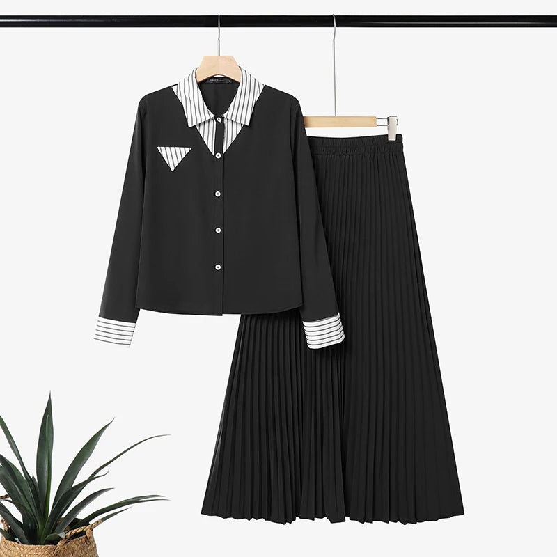 Autumn Outfits ZANZEA Muslim Modest 2 Pieces Sets Elegant Women Striped Patchwork Long Sleeve Shirt With Pleated Maxi Skirt 2026