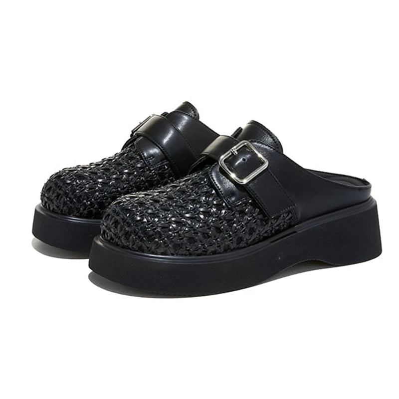 High Quality Leather Mesh Mules Slippers Women Openwork Design Wedge Heeled Sandals for Girls Summer Comfortable Beach Shoes