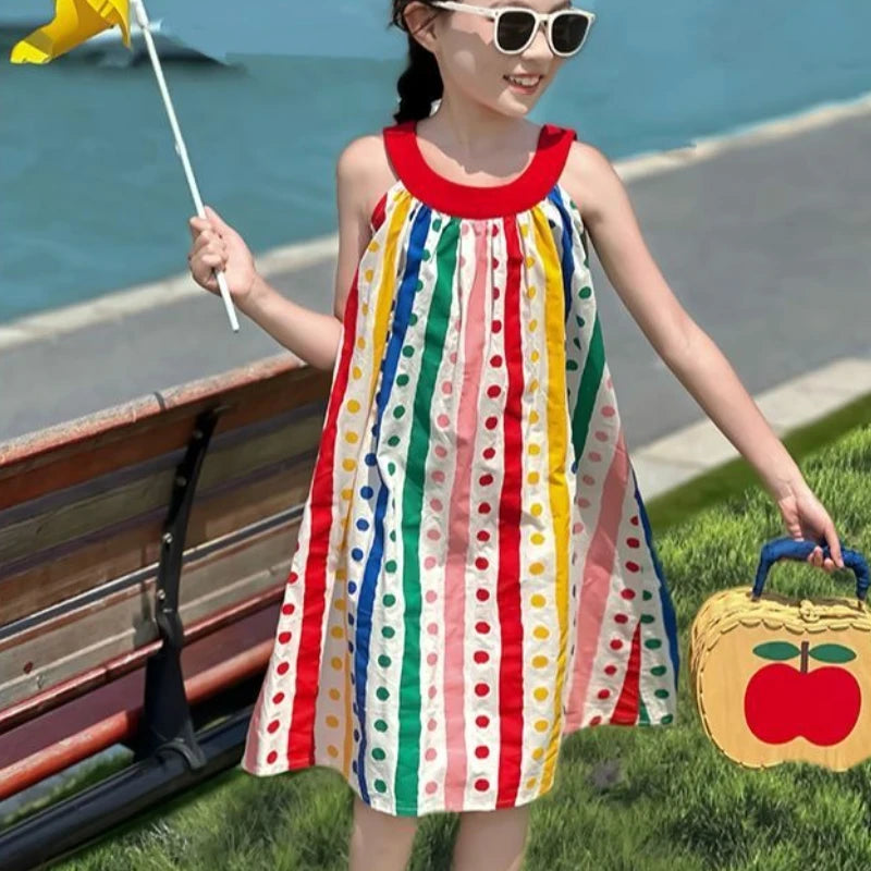 Sleeveless Vest Princess Rainbow Striped Dress Polka Dot Girl Elegant Girls Vintage Children's Clothing Party Junior Girls' Kids