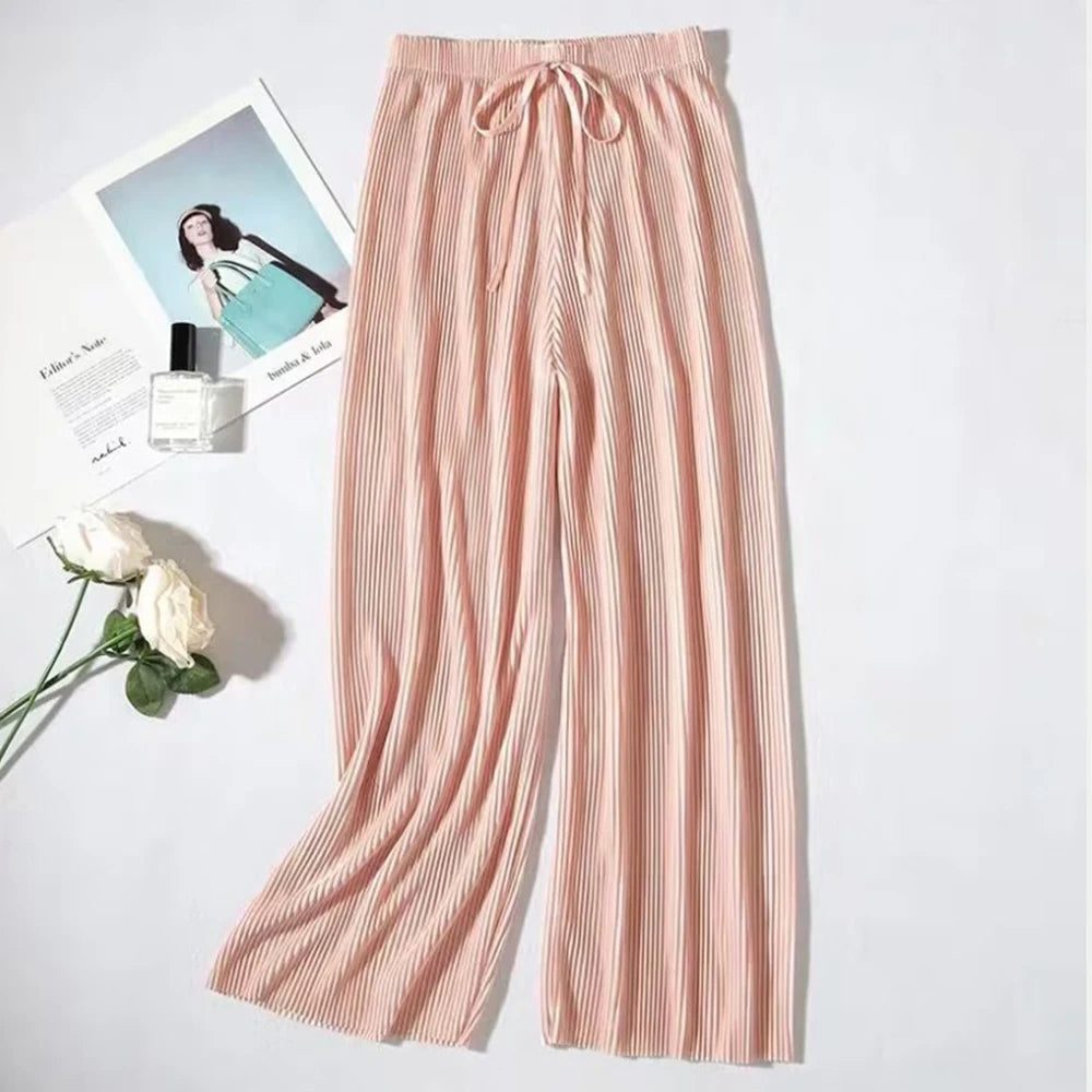 2025 New Women's Summer Thin High-waist Korean Style Non-iron Pleated Straight Leg Solid Loose Drape Wide-leg Pants Dropshipping