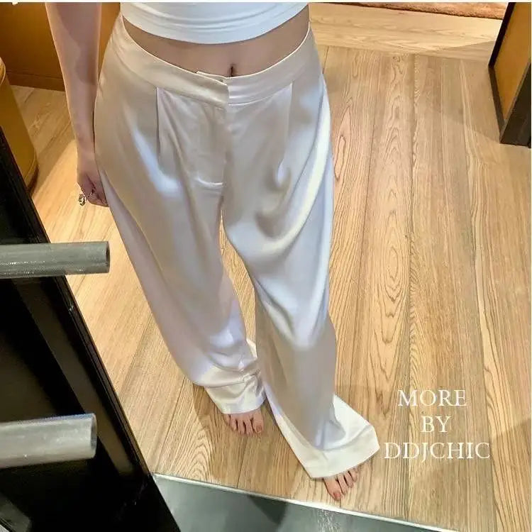 New Satin Wide Leg Pants for Women Summer High Waist Fashion Loose Casual Pants Simple All-match Straight Long Trousers 2026