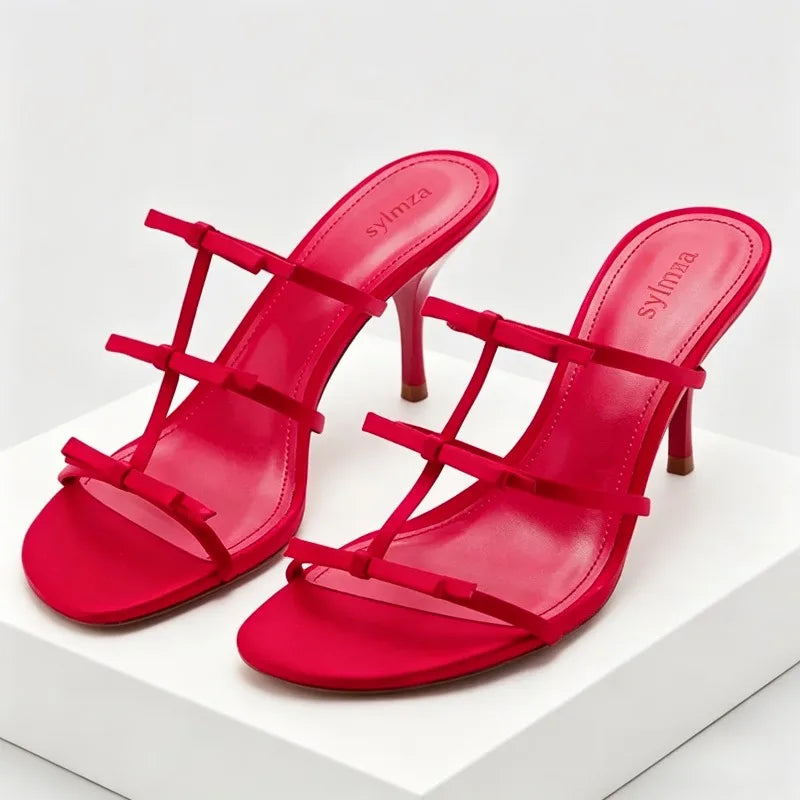 Lolita Style Bow-Adorned Women's Slippers Summer Open-Toe Thin High Heels for Ladies Cute Sweet High-Heeled Sandals Sandalias