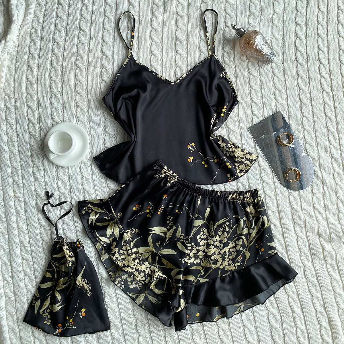 Elegant Floral Print Cami Tops Ruffle Hem Shorts Pajama Set Women's Sleepwear Loungewear