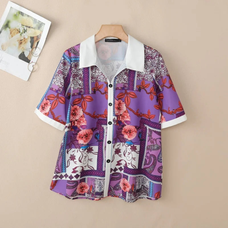 ZANZEA Women Floral Print Pullover Blouses Collared Short Sleeve Decorative Buttons Tops Summer Casual Vacation Blusas Mujer
