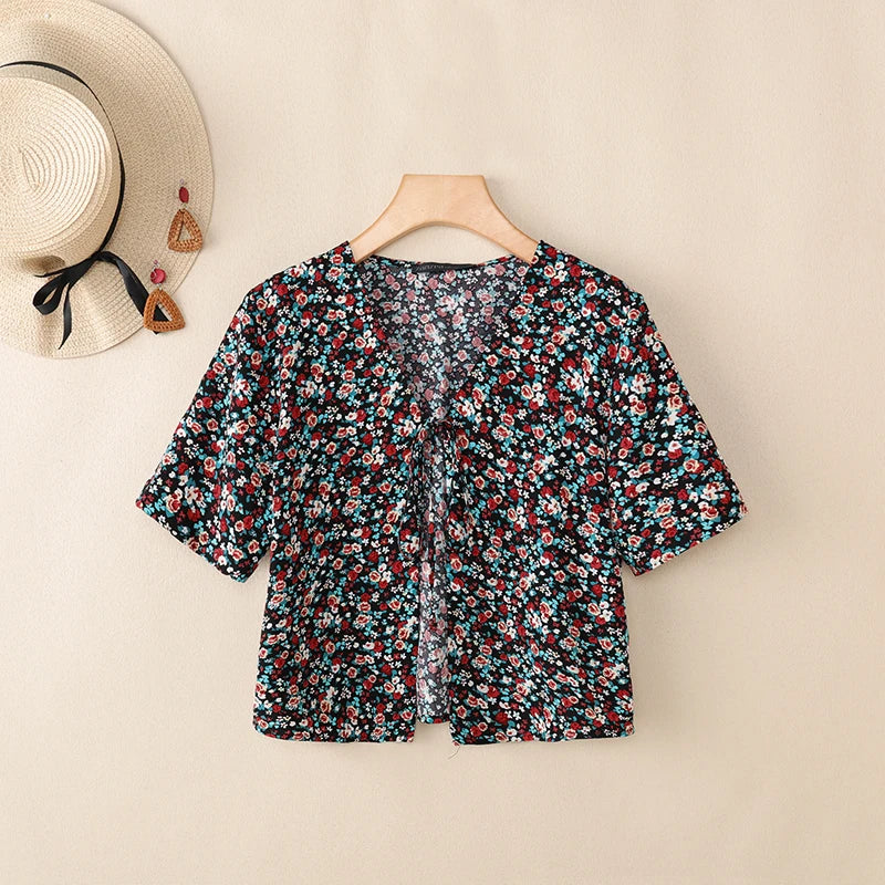 ZANZEA Women Fashion Floral Print Cardigans V-Neck Short Sleeve Lace-Up Front Cover-Up 2026 Summer Vacation Streetwear Short Top